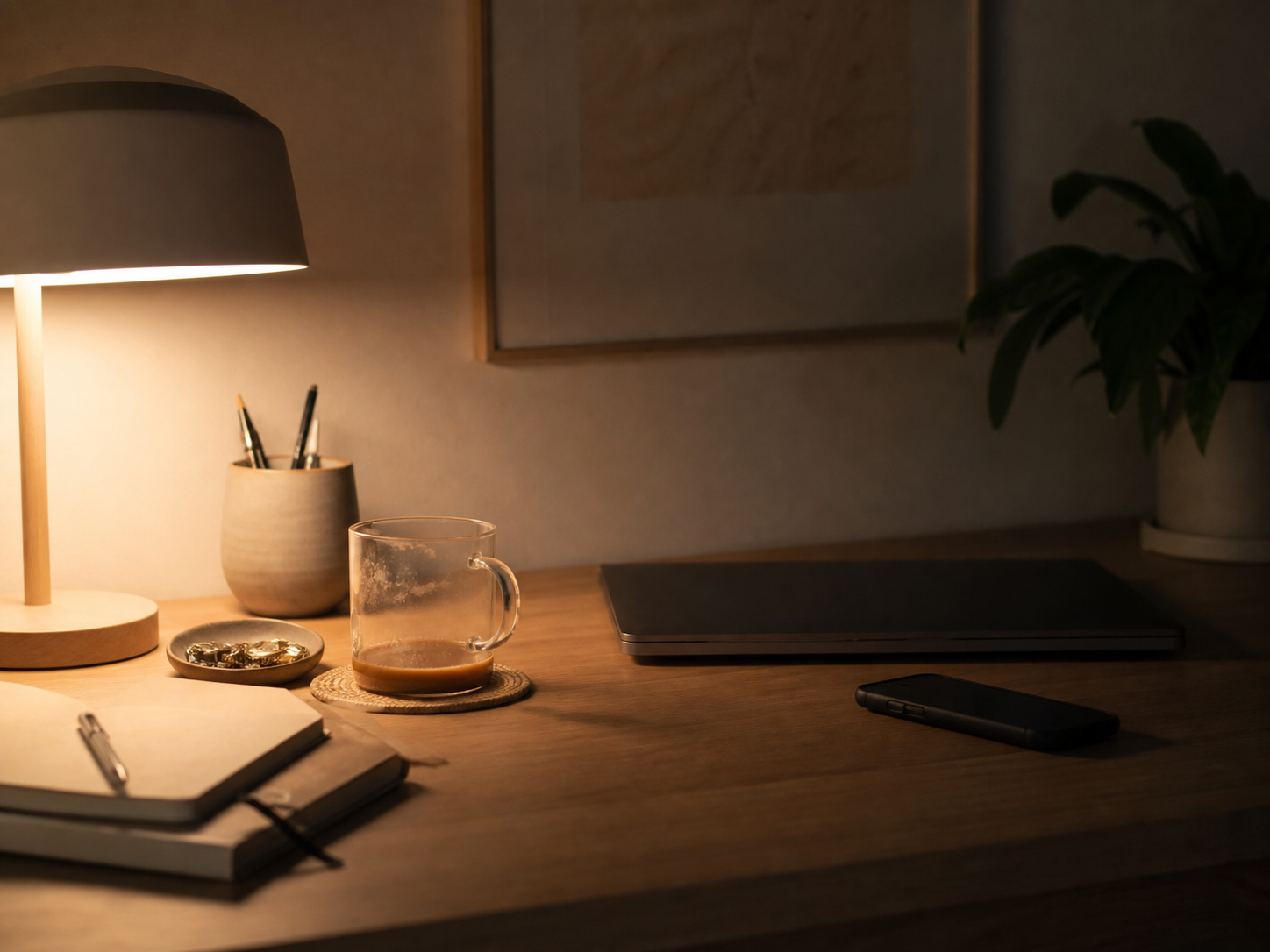 A late-night desk with a closed laptop, a face-down phone and an unfinished drink