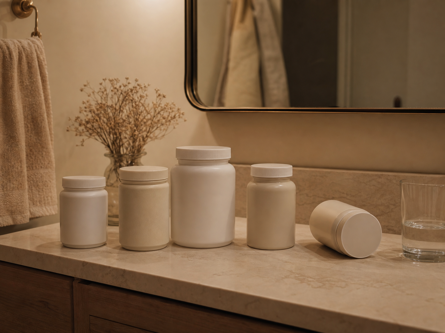 Several unlabelled supplement bottles crowd a bathroom counter beside a glass of water