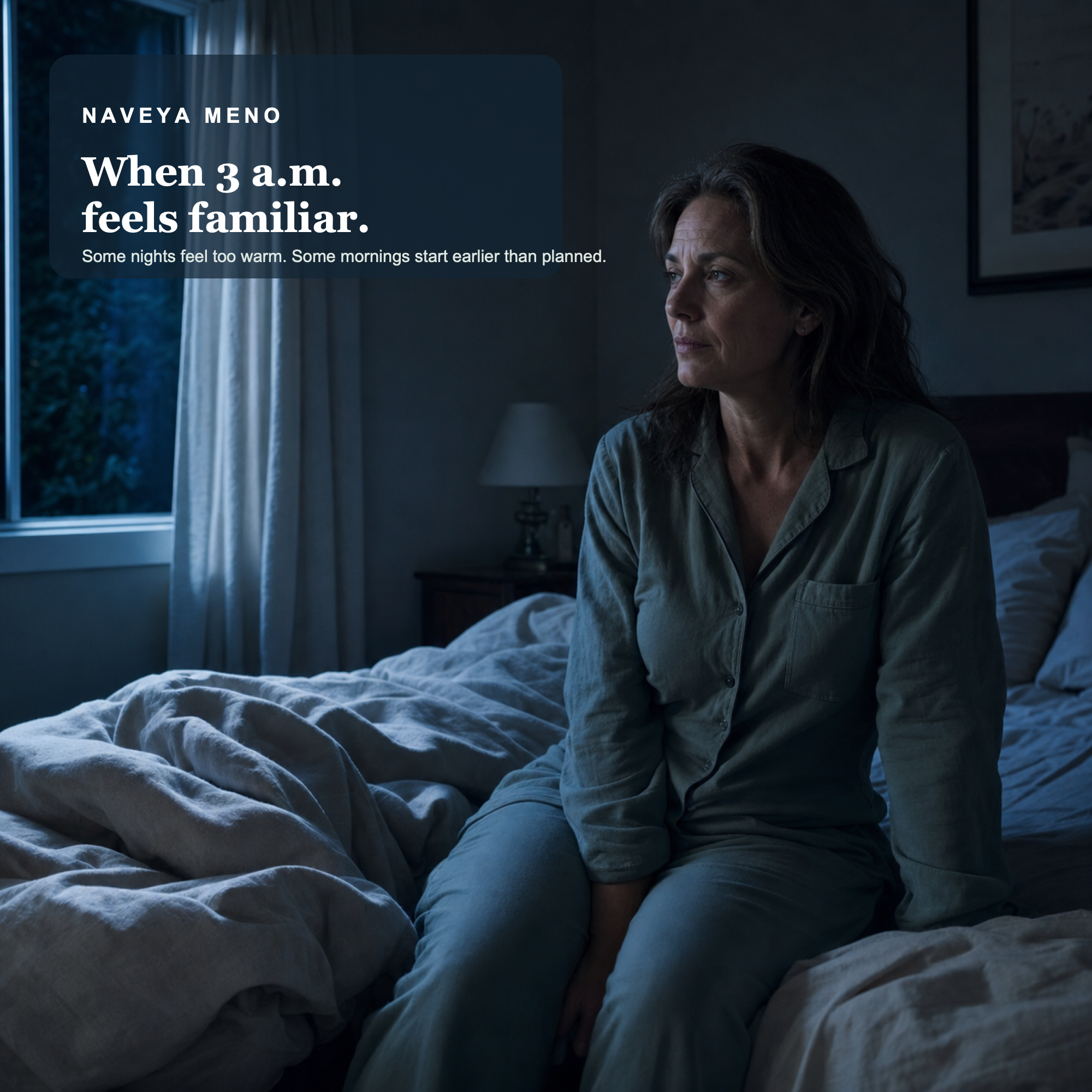 Woman awake at 3 a.m. in a moonlit bedroom