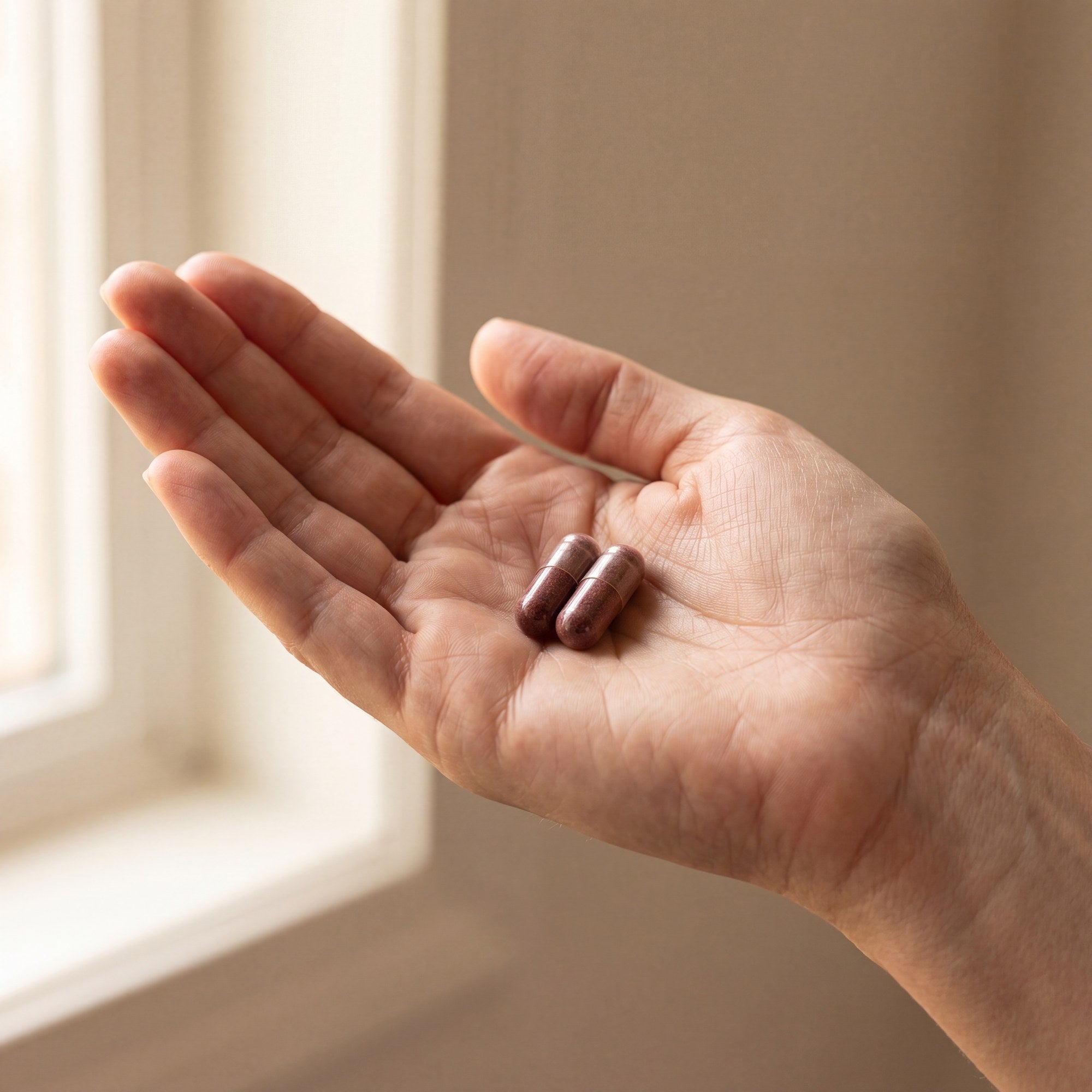Two Naveya Meno capsules resting in an open hand