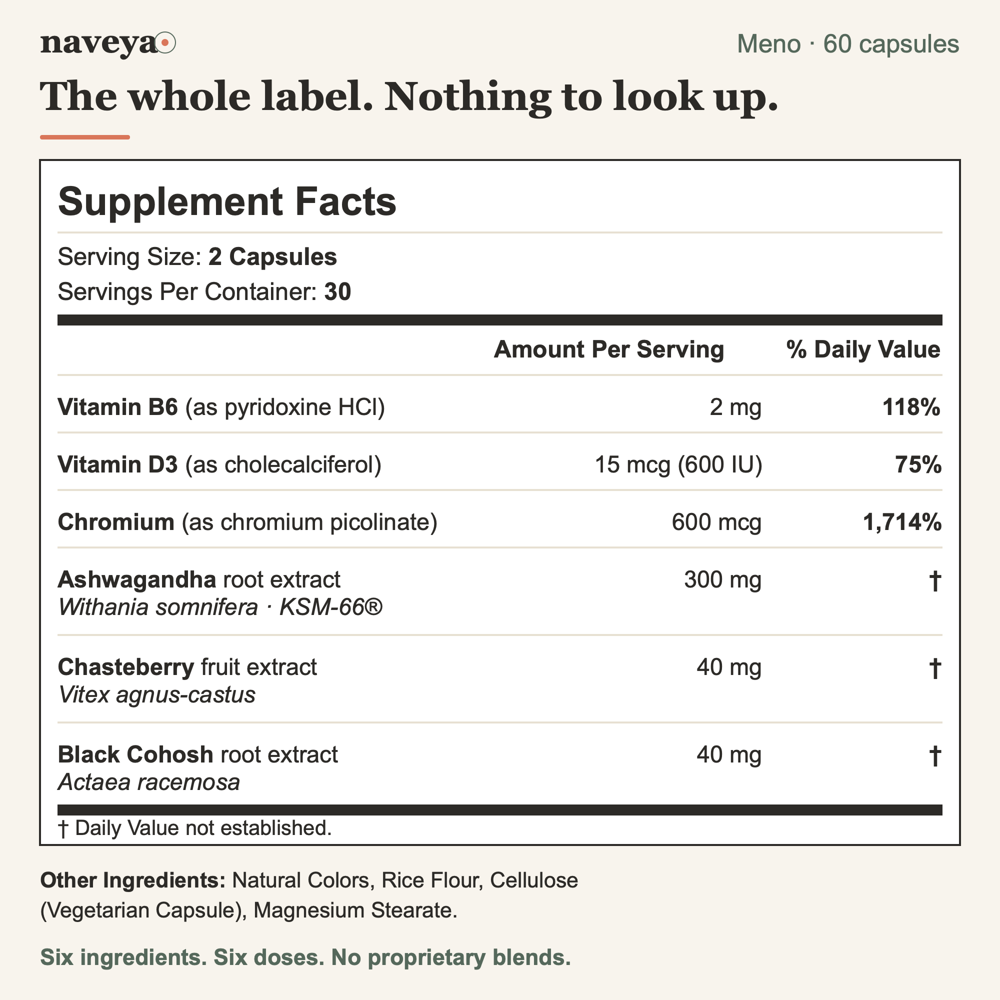 Naveya Meno Supplement Facts with six disclosed active ingredients