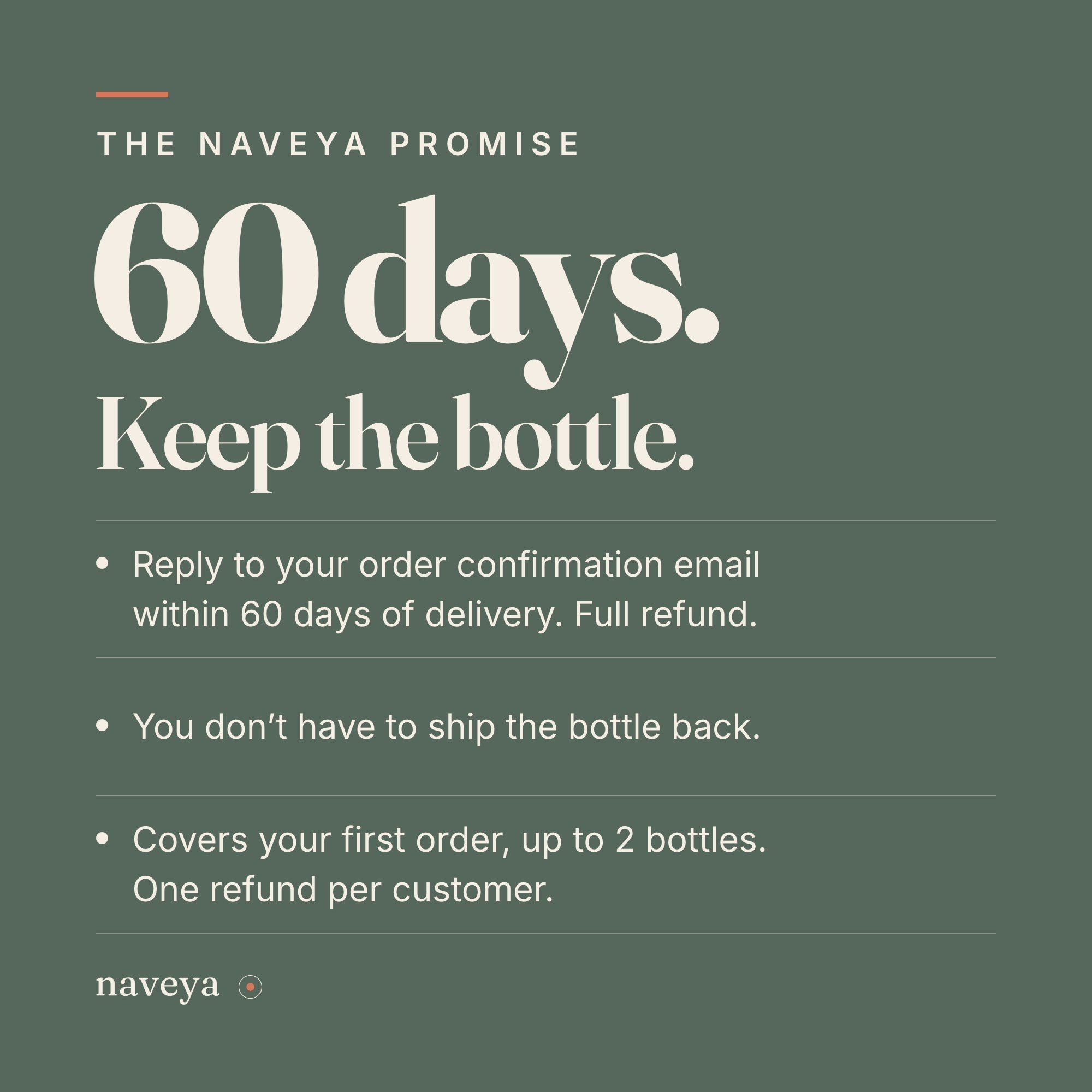 The Naveya Promise: 60 days, keep the bottle
