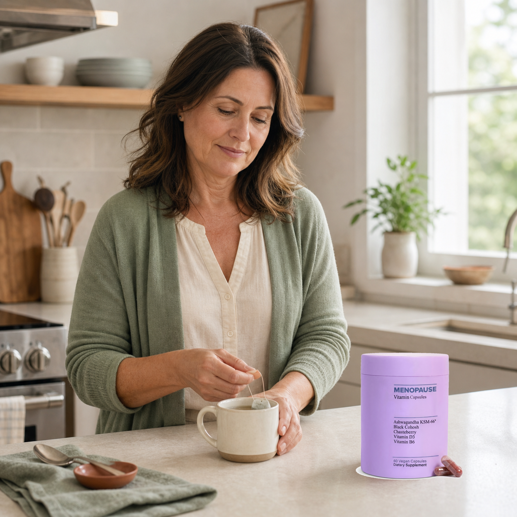 Woman preparing tea beside a Naveya Meno bottle in a morning kitchen