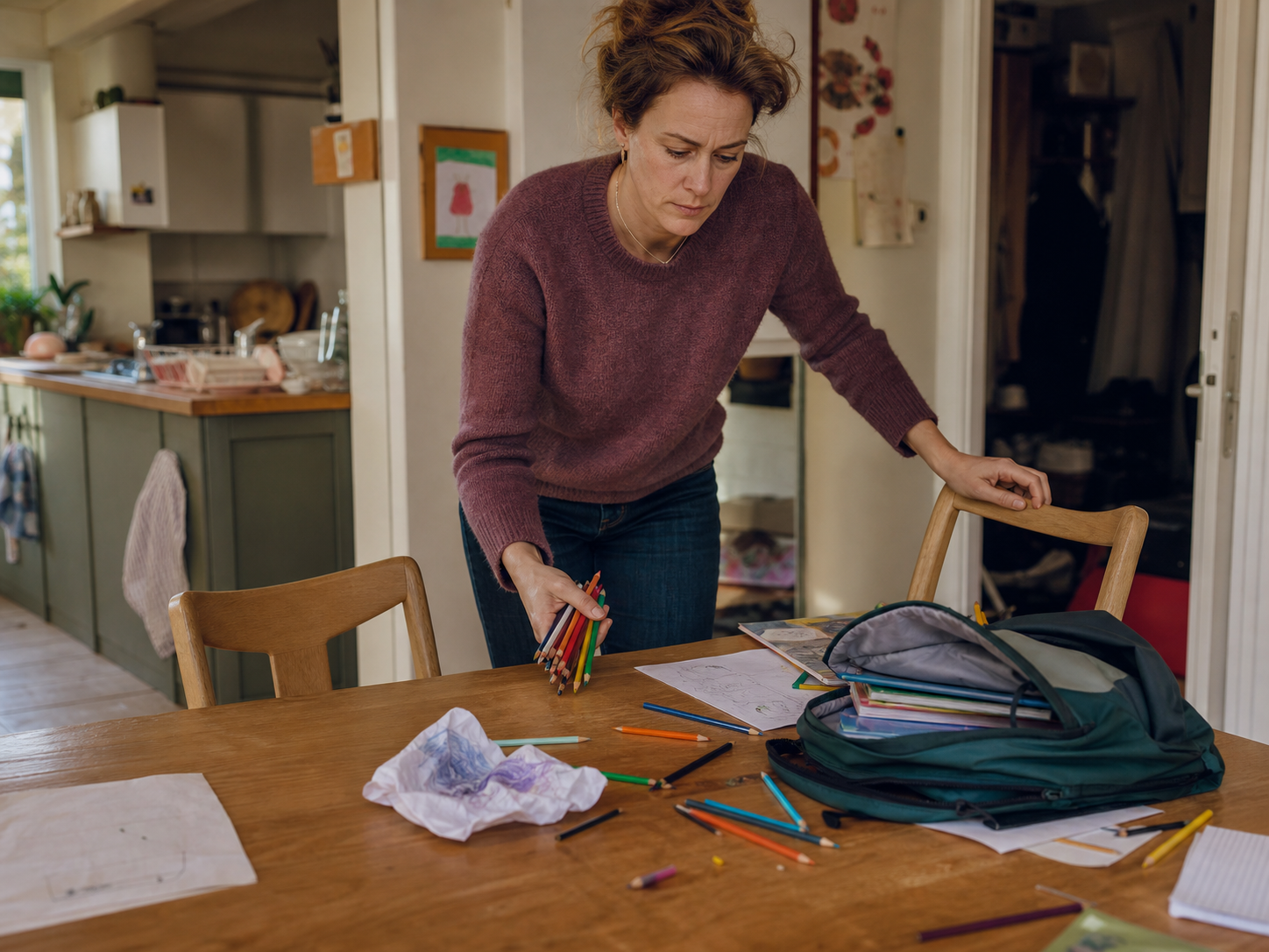 A parent gathers scattered colored pencils beside a pushed-back child-sized chair after a difficult moment