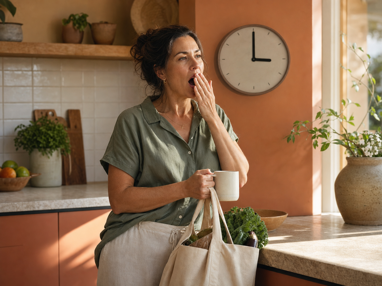 A woman yawns in a sunlit kitchen while pausing with groceries and a mug at three in the afternoon
