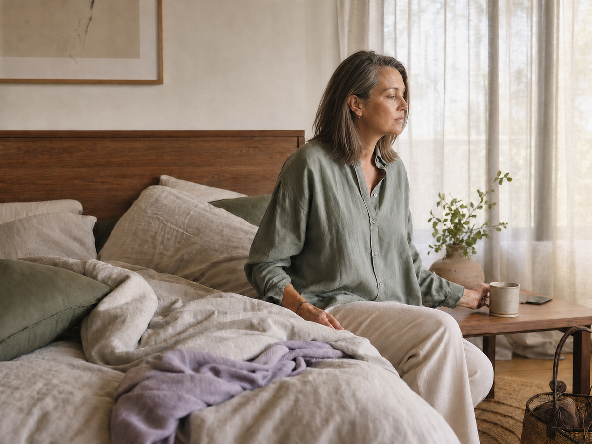 A woman sitting beside her bed in the morning