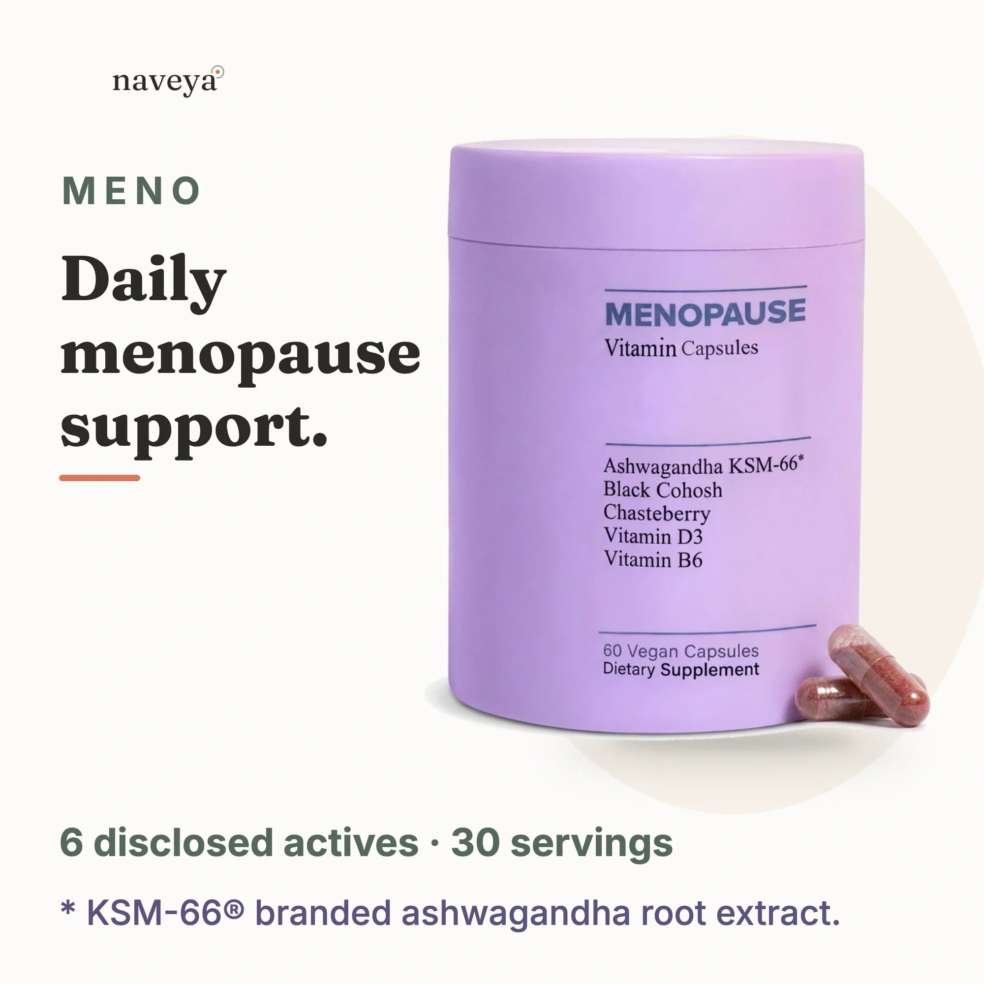 Naveya Meno menopause supplement bottle with daily support message and six disclosed actives