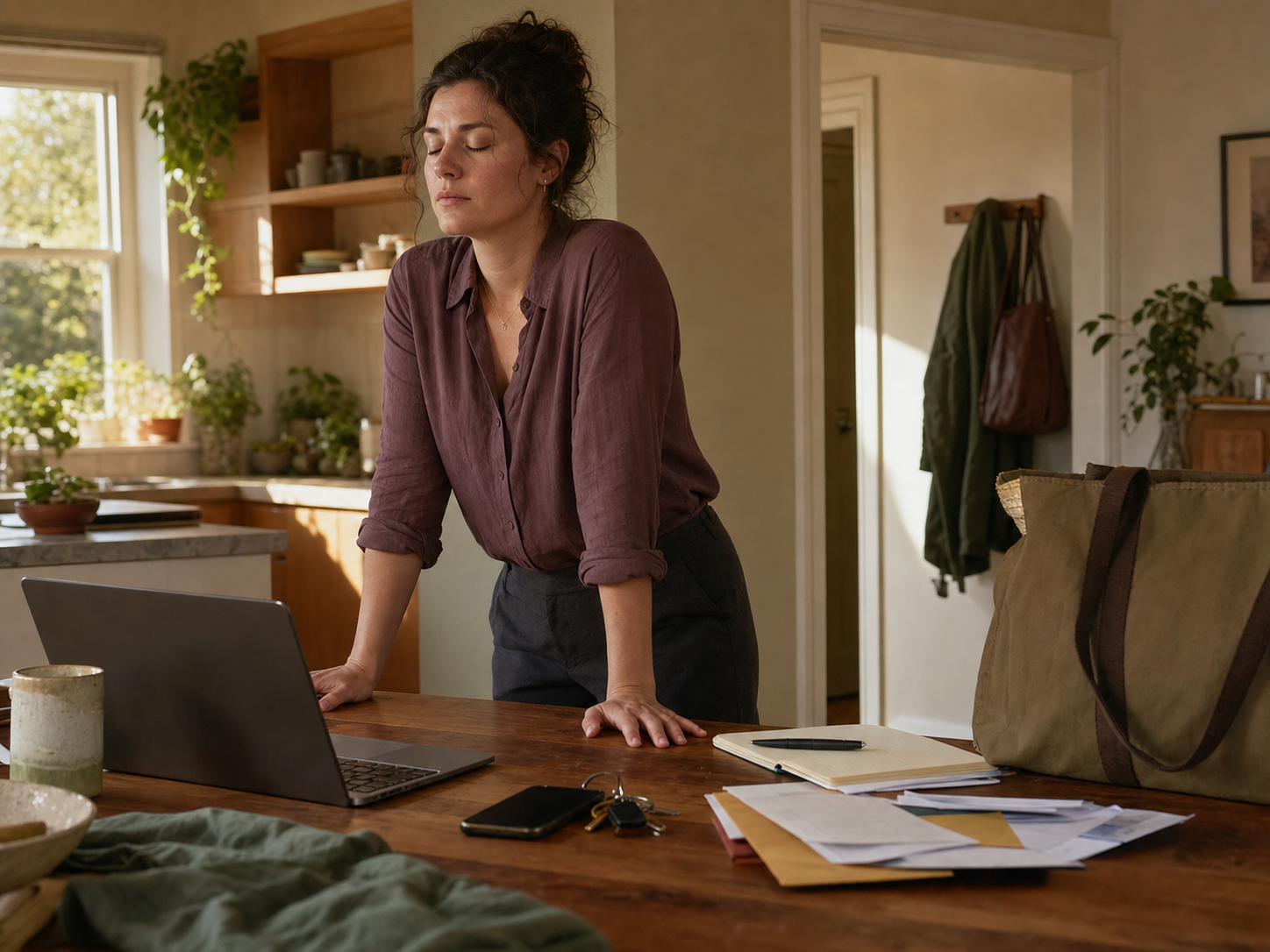 An overwhelmed adult pauses over a busy kitchen worktable with a laptop, phone, keys and mail