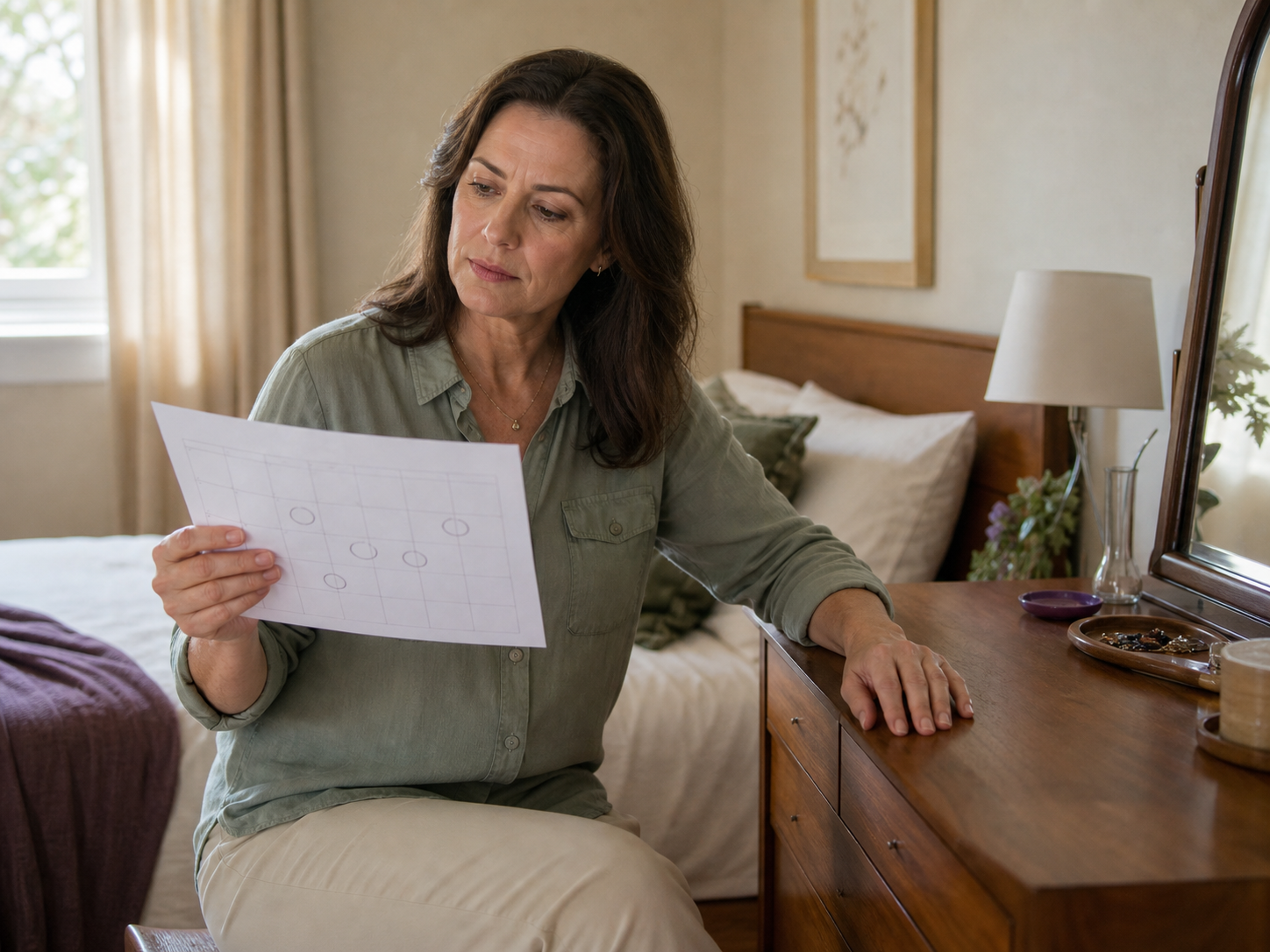 A woman studies a simple month calendar with several irregular days circled