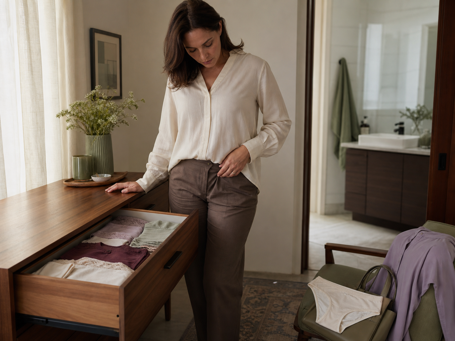 A woman pauses while choosing clothes beside an open dresser of everyday cotton underwear